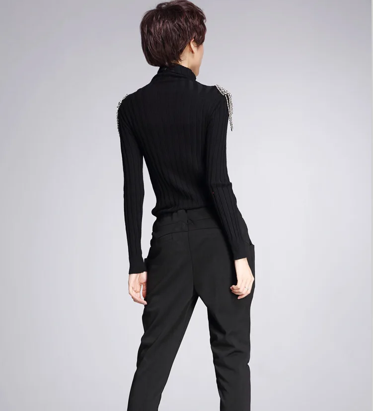 ASYMSAY Women European Autumn And Winter Epaulet Decoration Black Solid Color Long Sleeve Pullover Turtleneck Sweater | Женская одежда