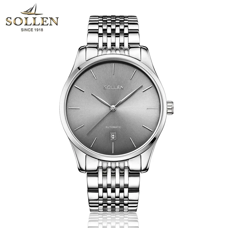 Silver Gray SOLLEN мужские s часы лучший бренд класса люкс автоматические механические часы мужские черные Полные стальные деловые водонепроницаемые модные спортивные часы - Цвет: Silver Gray