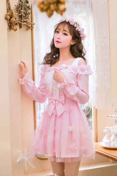 Princess sweet lolita dress Candy rain  new Japanese sweet chiffon dress female long sleeved collar Princess Dress C22AB7003
