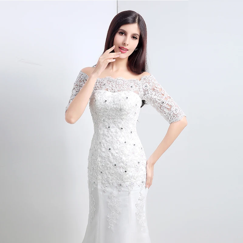 Vintage Mermaid Wedding Dresses Boat Neck Off The Shoulder Illusion Half Sleeves Appliques Diamonds robe de soiree Gowns | Свадьбы и
