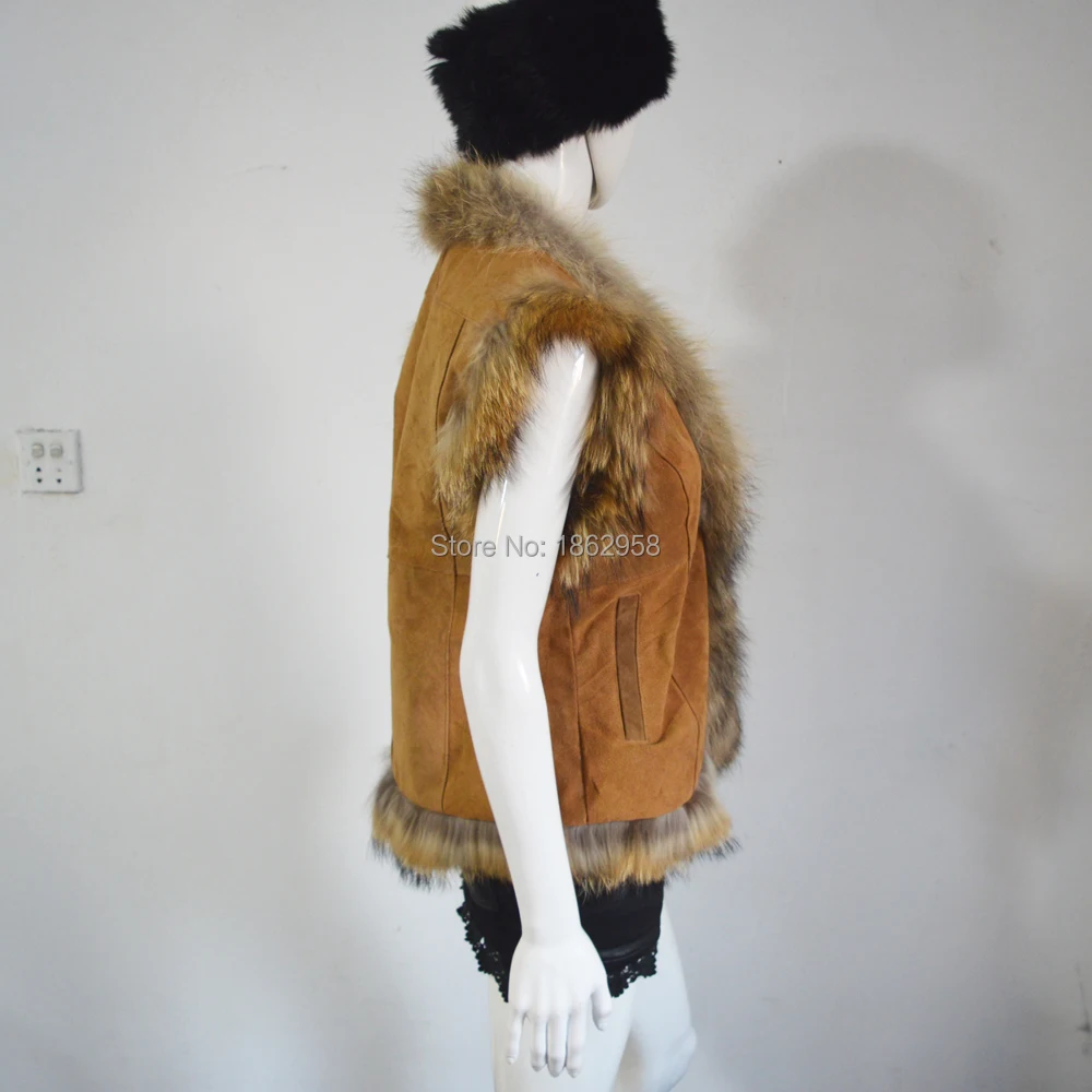 SJ185 Новая мода Свинья замша с мех енота/горячая Распродажа Модные женские Gilets