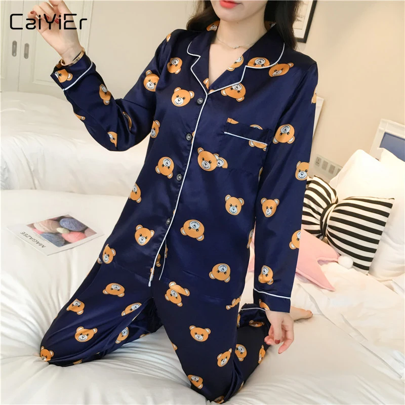 

Caiyier Long Sleeve Silk Pajamas Set Cute Bear Print Sleepwear 2019 New Plus Size 5XL Spring Women Nightgown Casual Home Clother