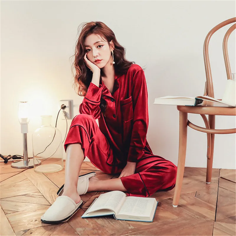 Autumn womens Pajamas Set Women Sleepwear Deep Gold Velvet Pyjamas female sleepwear set Long Sleeves Pants 2 Peices Nightwear | Женская
