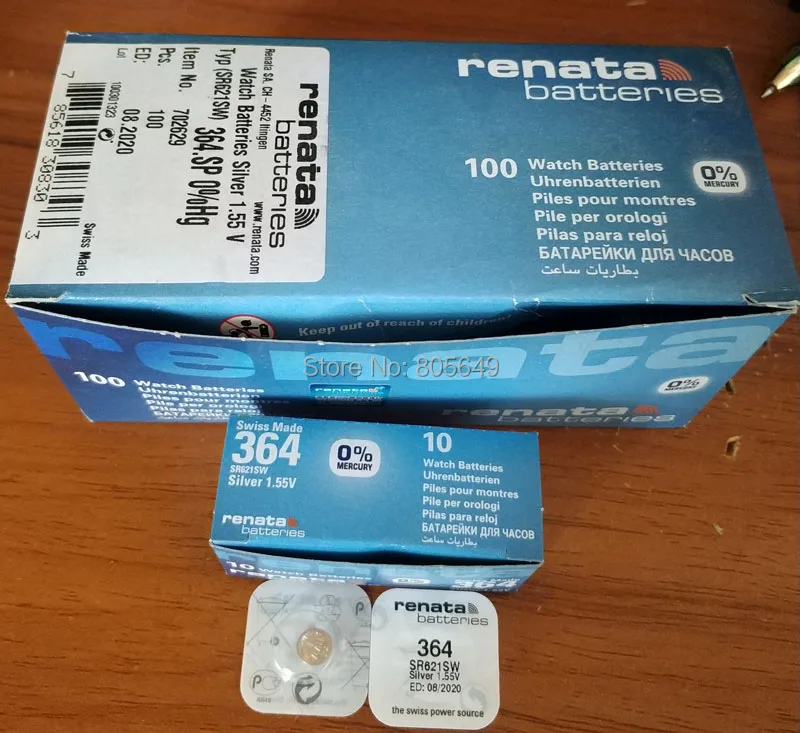 100Xrenata Серебряный оксид часы батарея 364 SR621SW 621 1 55 V 100% оригинальный бренд renata батарея|watch battery 364|watch batterybattery |