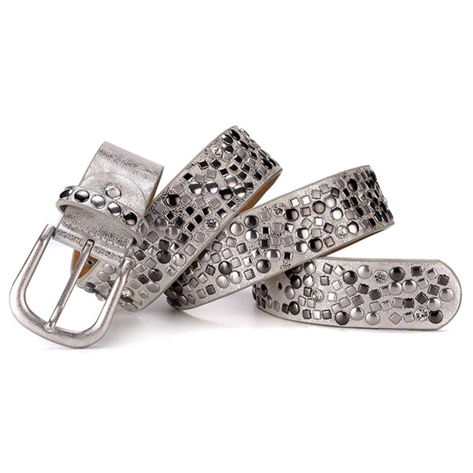 LA SPEZIA Women Belt Rivet Genuine Cow Leather Belt For Jeans Ladies Black Real Leather Brand Female Rock Pin Buckle Belts 110cm - Цвет: Sliver