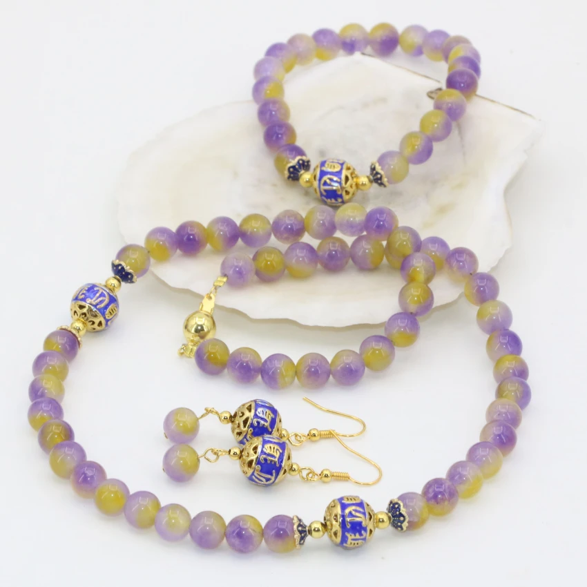 

Wholesale price 8mm charms multicolor round jades chalcedony stone round beads bracelets earring necklace jewelry set B2685