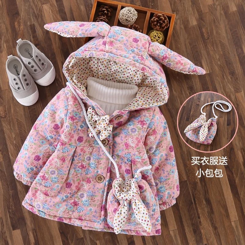 Зимняя хлопковая Детская куртка с капюшоном и бантиком для маленьких девочек