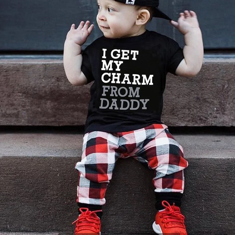 New Toddler Kid Baby Boy Clothes Short Sleeve Letter T Shirt Black Tops Long Plaid Pants 2Pcs Summer Set Outfits Clothing 3M-4T |