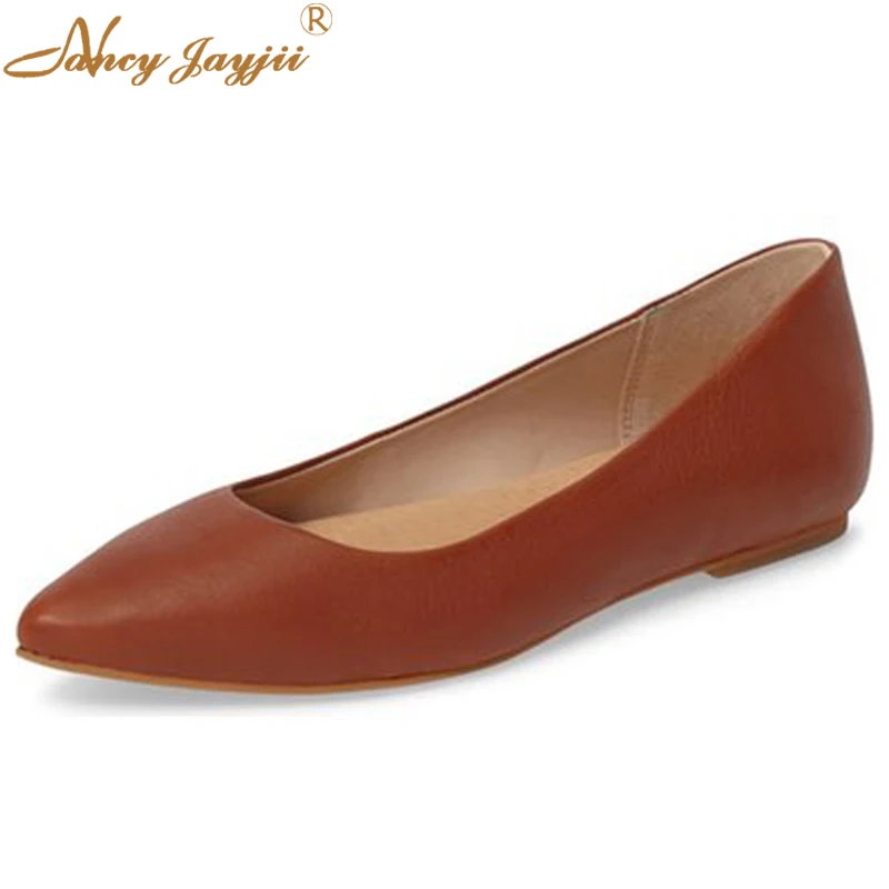 

Brown Ballet Flats Women Shoes 2021 Soft Leather Slip-on Breathable Spring Casual Point Toe Heeled Simple Footwear Size 12 13 14