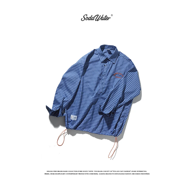 SODAWATER Men 2019 Autumn New Japan Style Oversize Pullover Plaid Shirt For Casual Blue Letter Long Sleeve 9296W | Мужская одежда