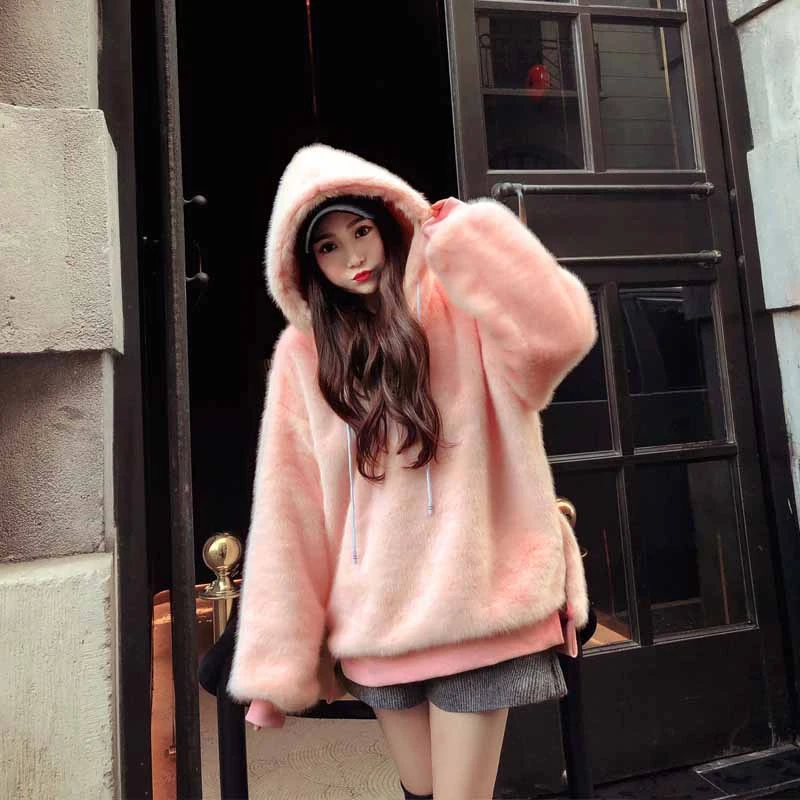 Зимний модный винтажный пуловер с искусственным мехом в стиле Харадзюку kawaii, милые розовые Свободные толстовки с капюшоном, женские большие размеры