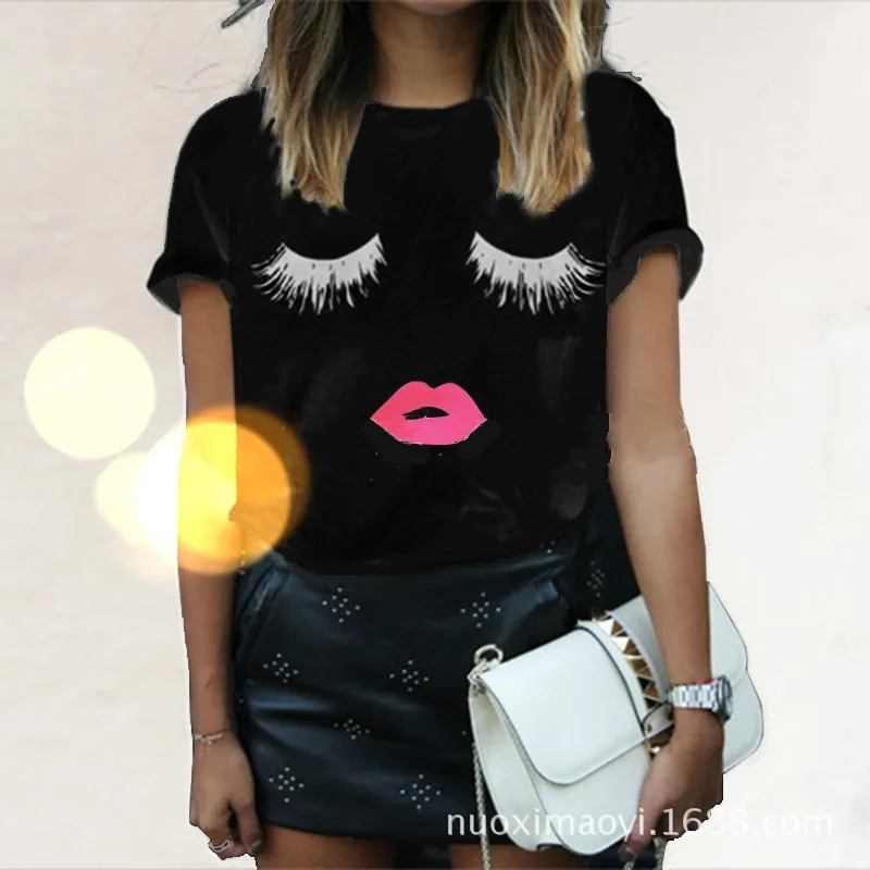 

2019 New High Quality Summer Women T shirt Casual Print O-neck Lady Tops Top tees Red Lips Tshirts Harajuku Shirt