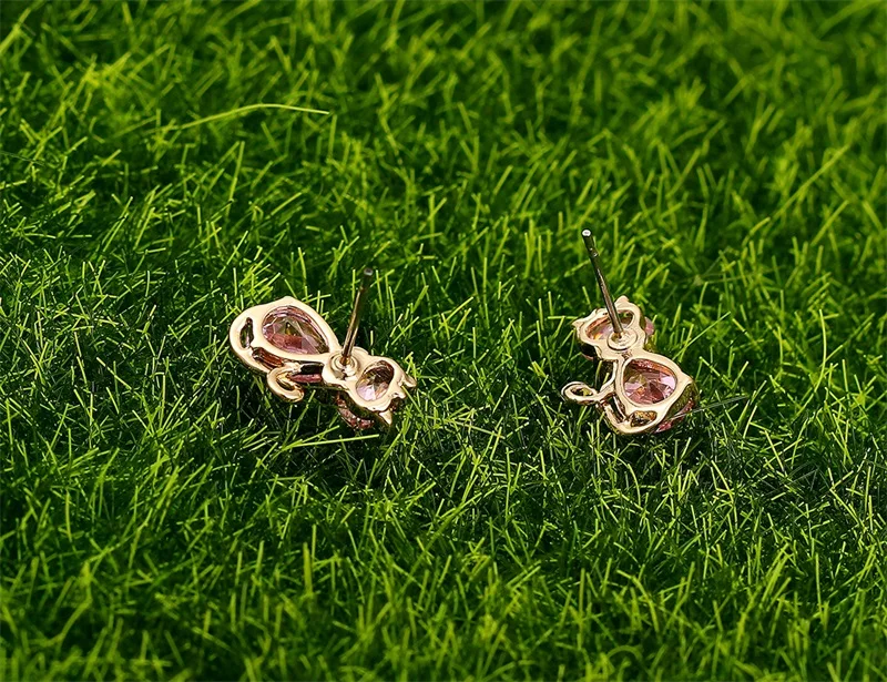 Yellow Gold Color Cute Bow Knot Pink Crystals CZ Cats Stud Earrings for Women Children Girls Kids Gatos Jewelry bijoux Aros|earring stopper|stud