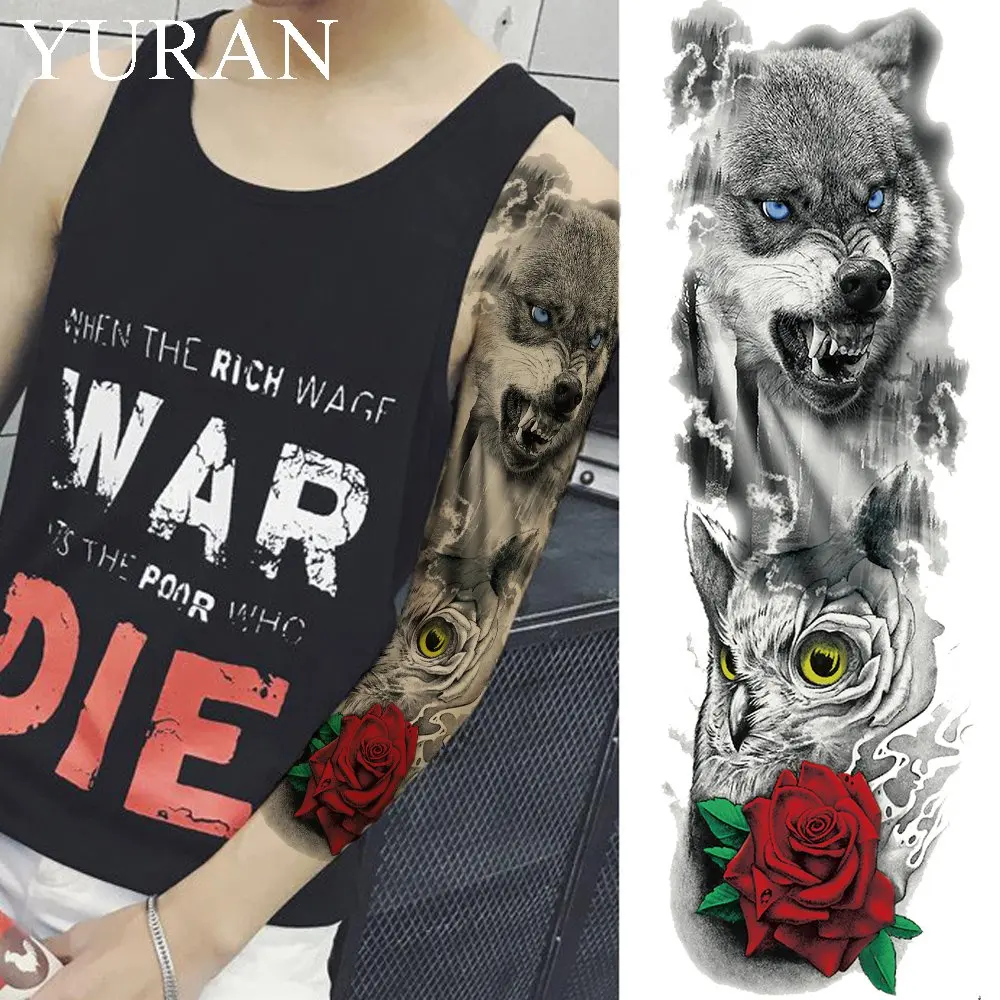 

Roar Black Wolf Temporary Tattoo Men Full Shoulder Art Tattoo Stickers Owl Flower Waterproof Tatto Women Legs Large Arm Decal
