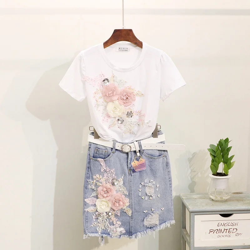 Летняя новая футболка женский топ с бисером вышивка цветок короткий рукав