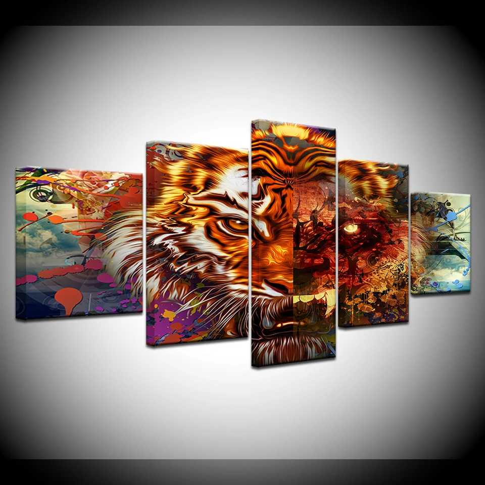 

5 Piece Modular Canvas Prints Poster Painting Abstract Tiger Animal Wall Art Paintings Modular Picture Home Decor Framed Artwork