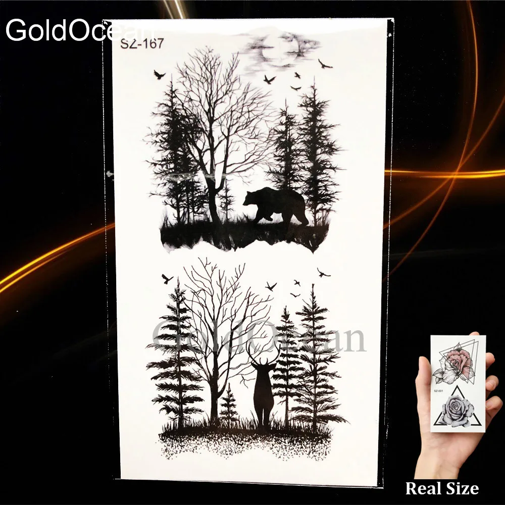 

Sexy Black Pine Tree Temporary Tattoo Wolf Stickers Women Geometric Trochilus Fake Tatoos Lamp Bulb Water Transfer Tattoo Land