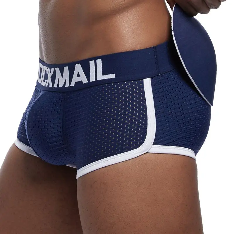 Тёмно-синий JOCKMAIL, сексуальное мужское нижнее белье, боксеры, мужское нижнее белье с дышащей сеткой, съемные две накладки на ягодицы и одна Передняя накладка - Цвет: Тёмно-синий