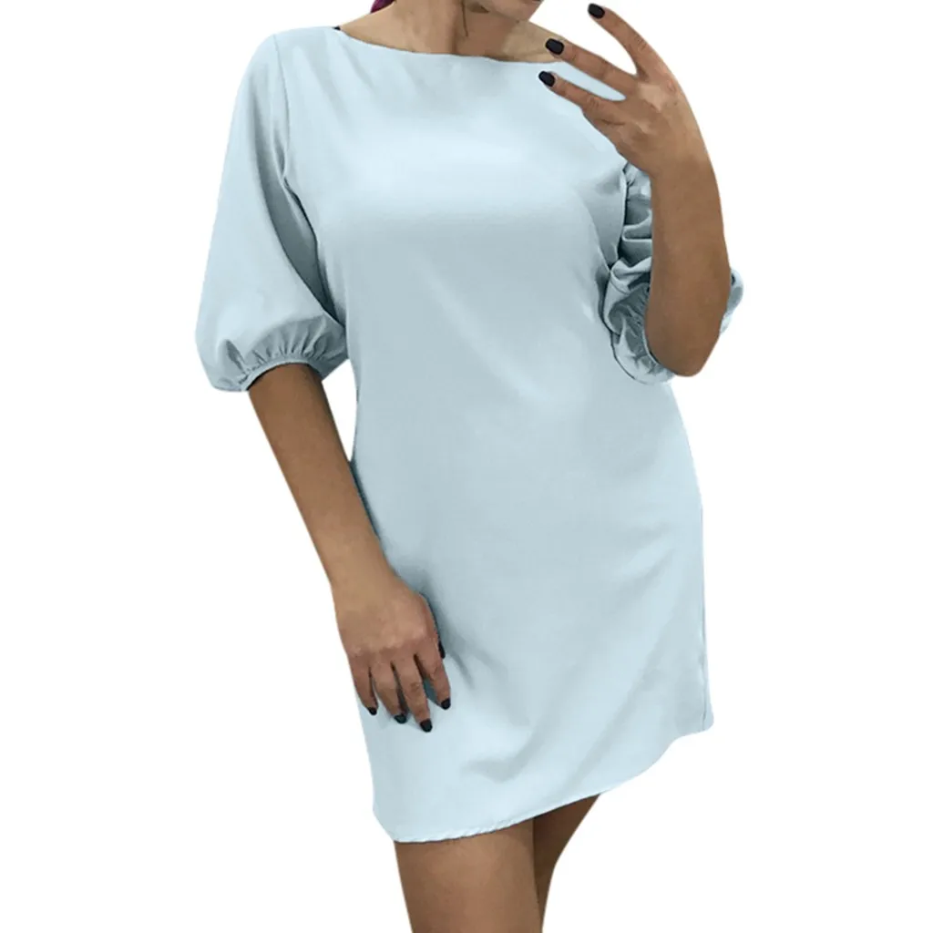 Летнее женское однотонное повседневное платье полусвободное с круглым вырезом