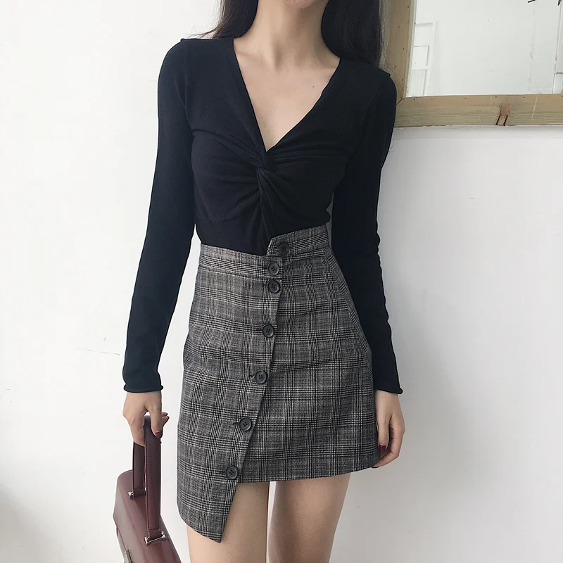 Женская Повседневная юбка Ulzzang Kawaii винтажная клетчатая однобортная
