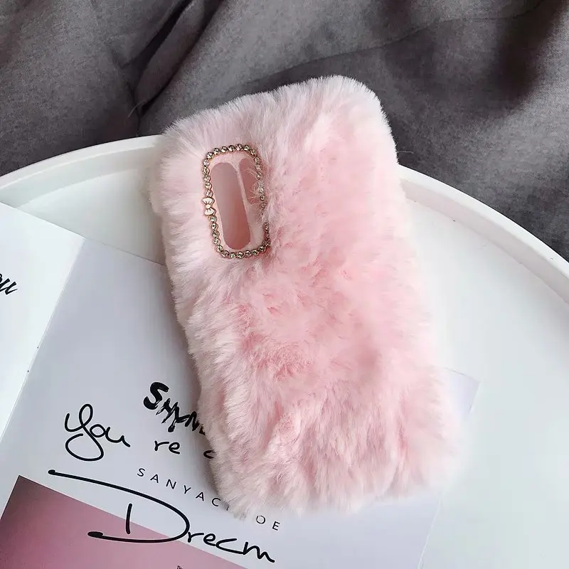 Cute Warm Rabbit Fur Plush diamond Phone Case For Huawei P20 P30 pro Lovely Furry TPU hair Honor 8X 10 Y6 Y7 |