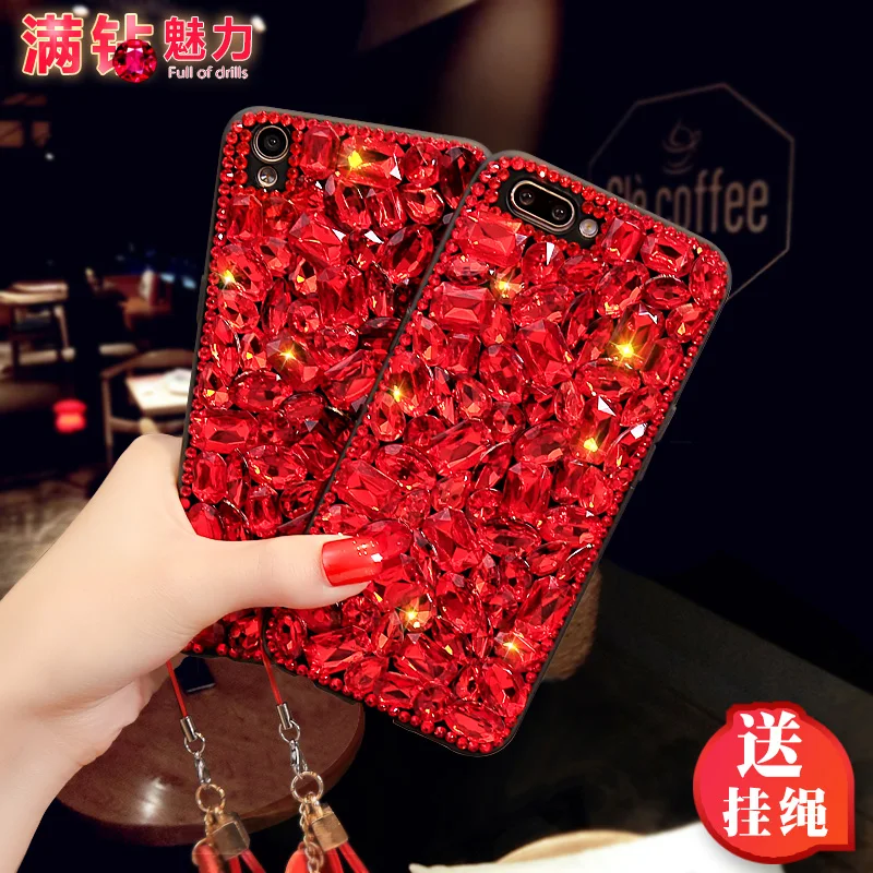 case for iPhone 5C 6 6s 7 8 Plus 11 Pro X XR XS Max Ruby Diamond Designer Rhinestone Red Women Detachable Wrist Strap |