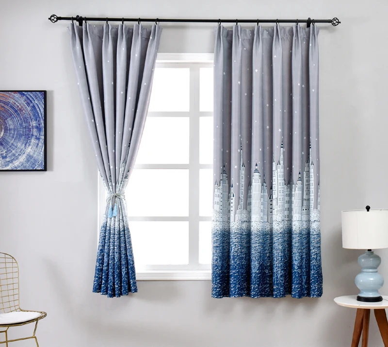Modern Printed Castle Coffee Color Blackout Curtain For Kids Boys Bedroom Navy Blue Short Curtain Kitchen Window Drapes PC009D3