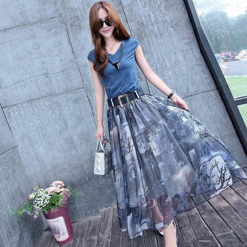 

2022 New Summer Women V Neck Cotton Solid T Shirts+A Line Floral Print Chiffon Draped Skirt Suit Female Fashion Casual Sets Z489
