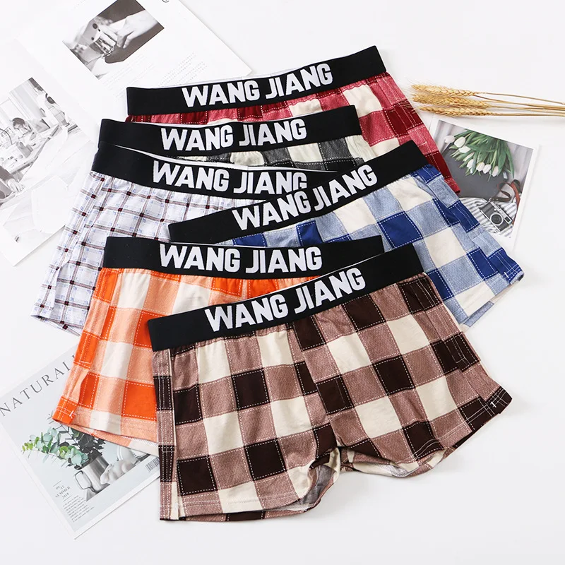 Wang Jiang Mens Sexy Pajamas Plaid Men Boxer Shorts Cotton Underwear Male Sleepwear Woven Free Panties Family Penis Bag Loose