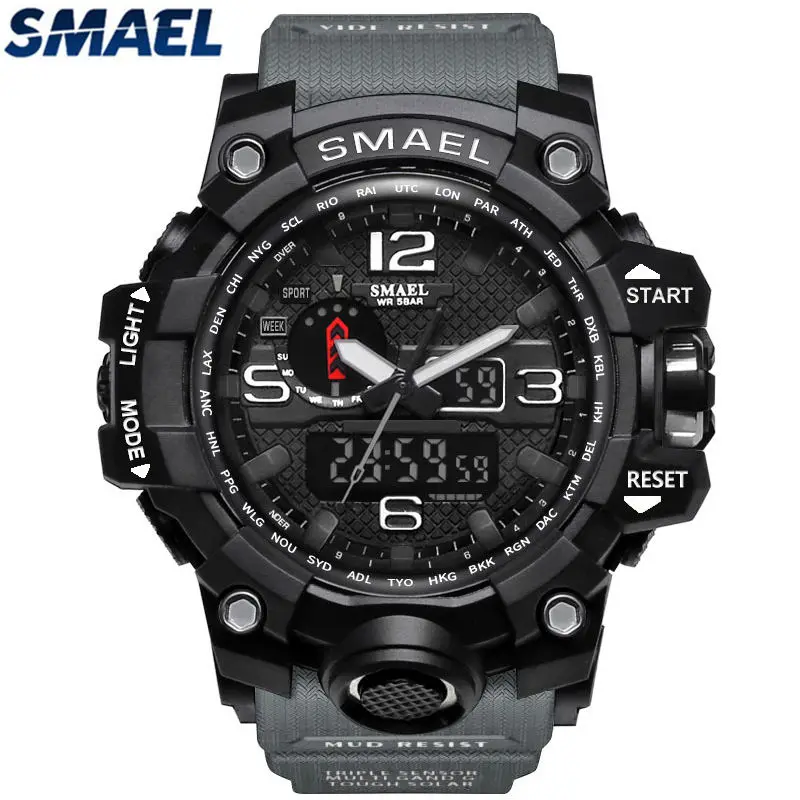 Gray SMAEL мужские спортивные модные аналоговые кварцевые часы светодиодный Секундомер цифровые часы водонепроницаемые ударные мужские военные часы Relogio Mas - Цвет: Gray