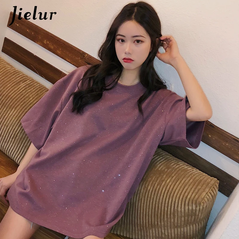 Jielur блестками Свободная Женская футболка лето уличный стиль Harajuku BF с коротким