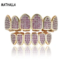 mathalla hip hop grillz gold tooth purple aaa cz micro pave top and bottom grillz teeth christmas gift women jewelry