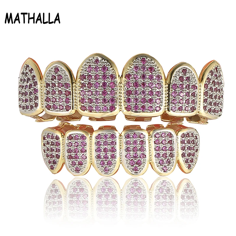 MATHALLA в стиле хип хоп Grillz Gold зуб фиолетовые ааа CZ Micro Pave верхней и нижней