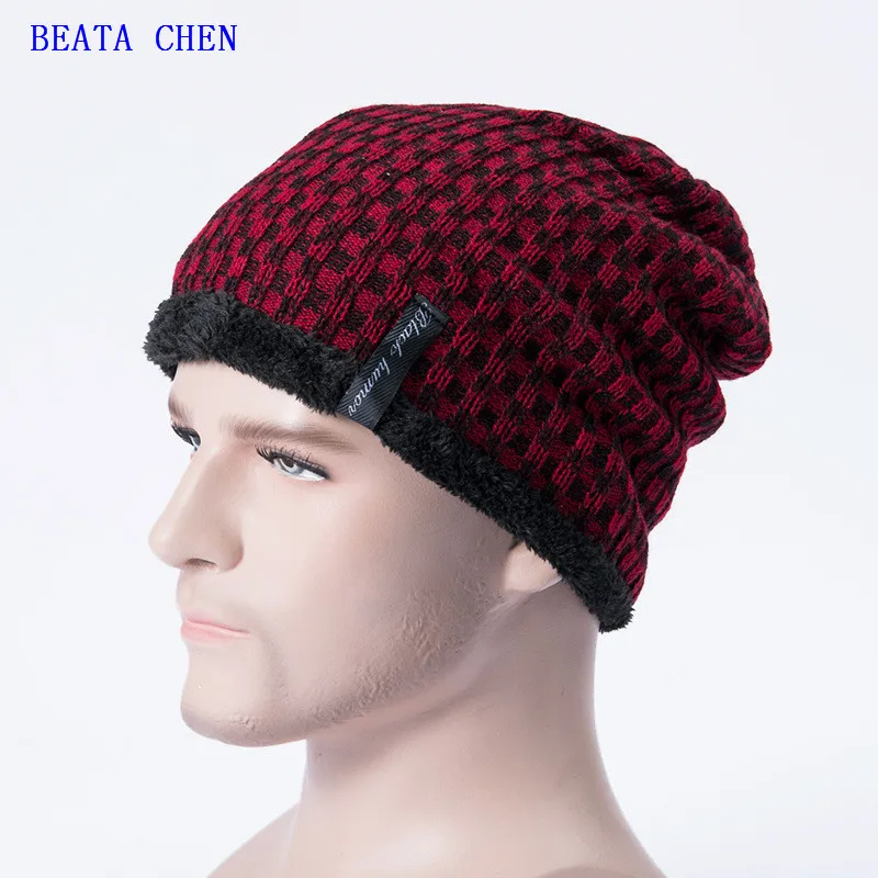 Beata Chen Men's hats winter youth warm and thickened knitted woollen hat fleece cotton head | Аксессуары для одежды