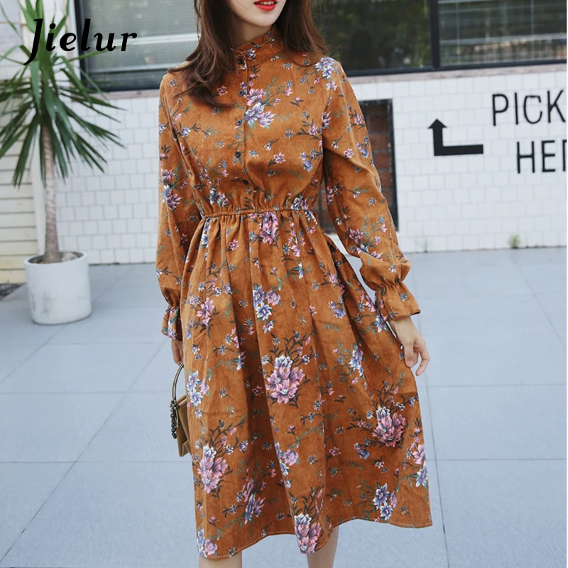 Jielur S XL Осень Винтаж печатных мультфильм плед платье с цветочным рисунком женский