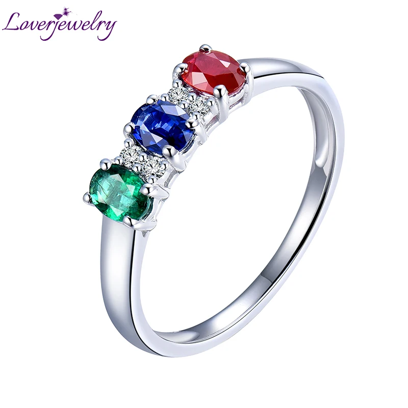 

Rings For Women Solid 14Kt White Gold Three Gemstones Sapphire Emerald Ruby Diamonds Classic Party Wedding Bands Ring In Stock