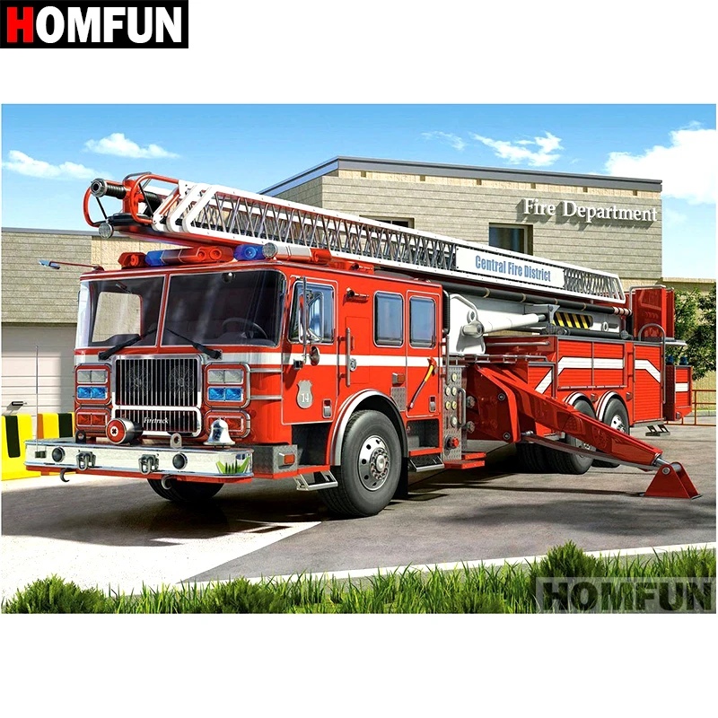 Алмазная 5D картина HOMFUN пожарная машина полноразмерная вышивка из смолы