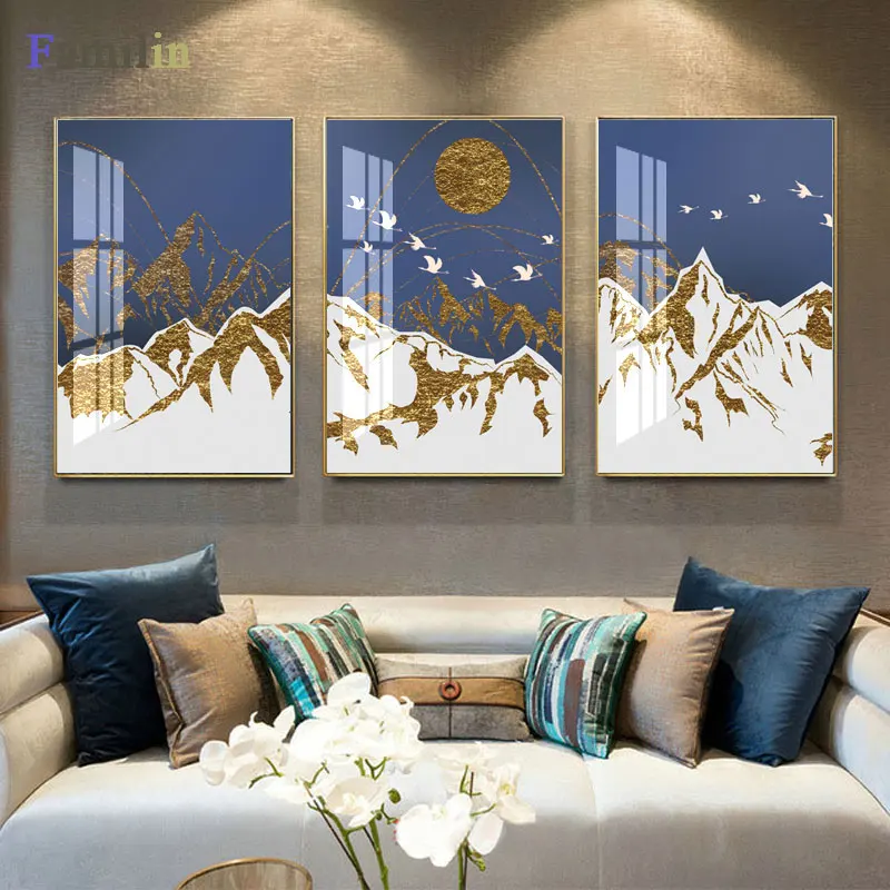 3 шт. абстрактные настенные картины Золотая Снежная гора|Рисование и каллиграфия|
