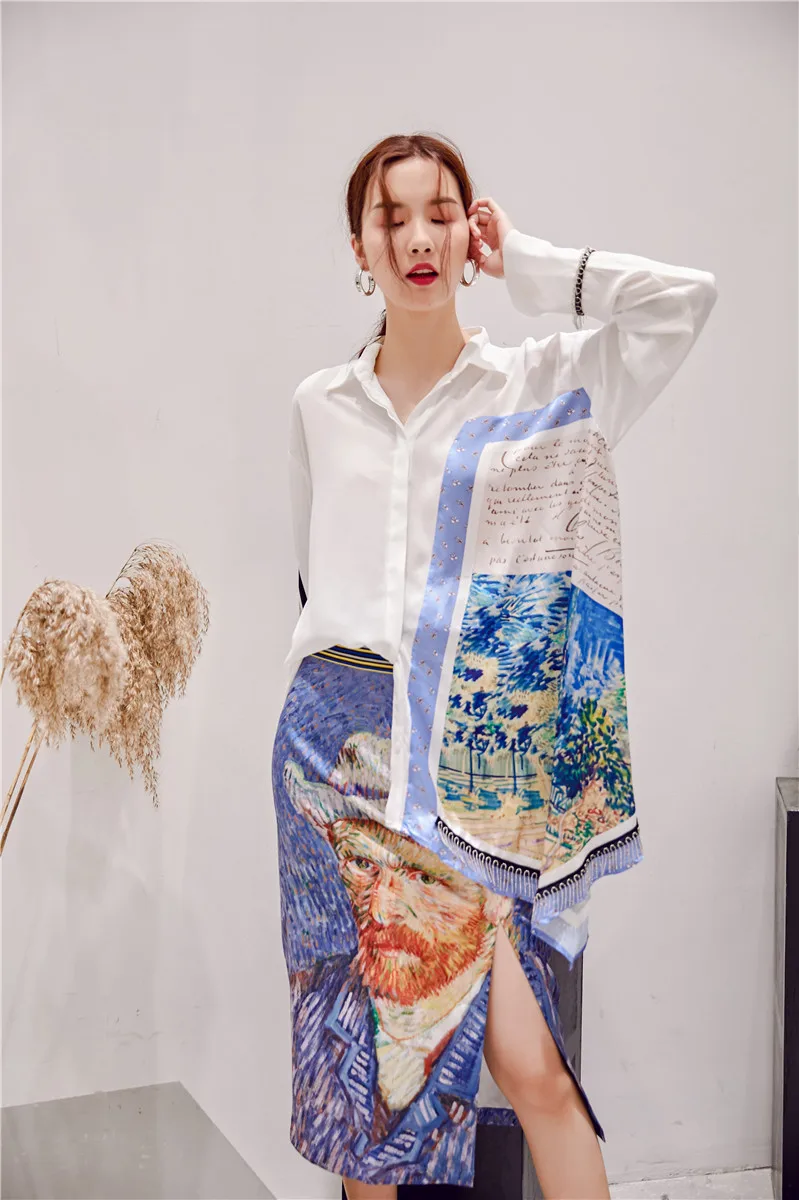 

Korean 2021 Spring Elegant Women Shirts Printing Unsymmetrical Loose Shirt Women's Spring Shirt Casual Full Patchwork