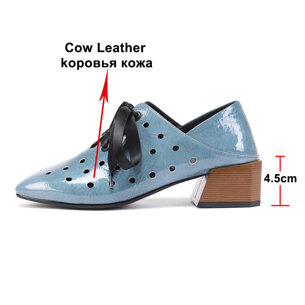 Meotina/Женская обувь на высоком каблуке натуральная кожаная лента на блочном каблуке Туфли-лодочки с вырезами на шнуровке с квадратным носком женские размеры 34-42