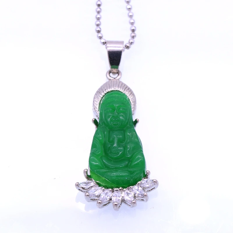 JINYAO модные подвески Guanyin Будда зеленый камень белый золотой цвет кулон ожерелье