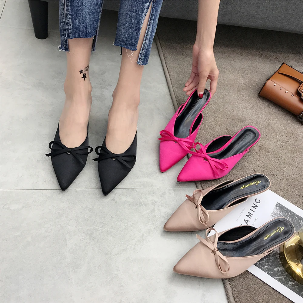

NIUFUNI Women Casual Suede Heel Cute Bowknot Slip On Slippers Female Sexy Pointed Toe Summer Slippers 3 Colors