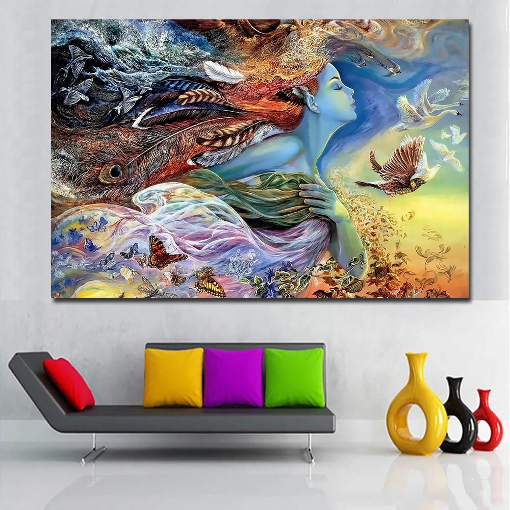 HD принты абстрактная картина красивая девушка с бабочкой птица живопись