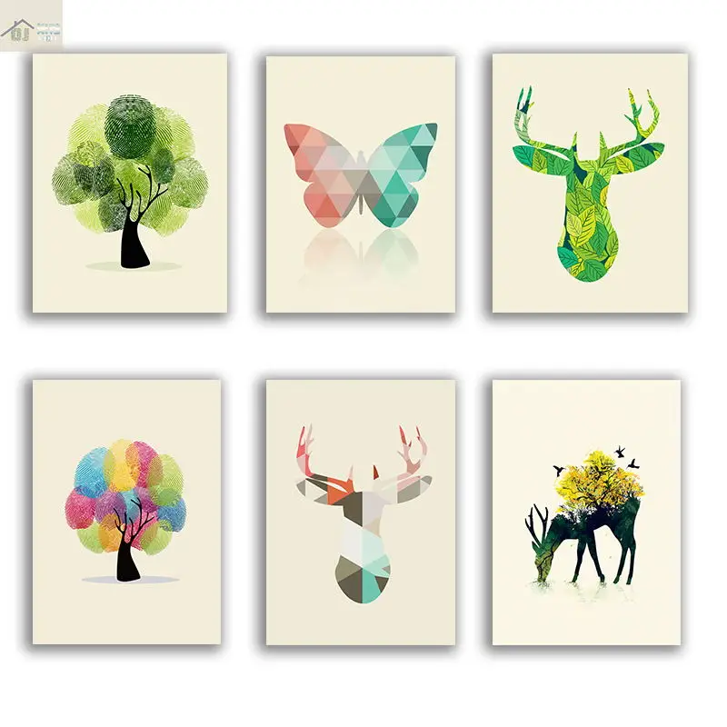 Картина на холсте с изображением лося дерево мультяшная живопись декоративные
