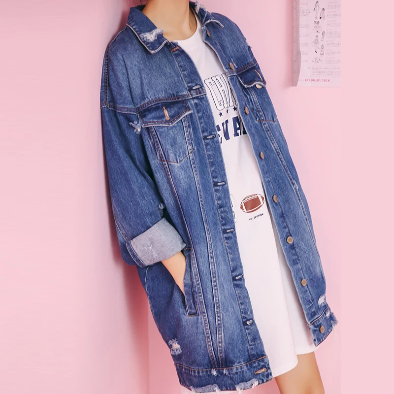 Новинка весны осенние джинсы Куртки 2017 Синий Винтаж джинсовая куртка Длинные