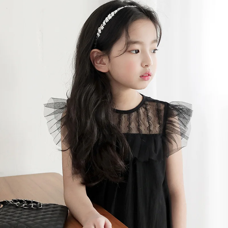 kids girls summer lace tulle princess party Frocks fashion children clothing Kids black ruffle dress For 3 4 6 8 10 12 14 yrs | Детская