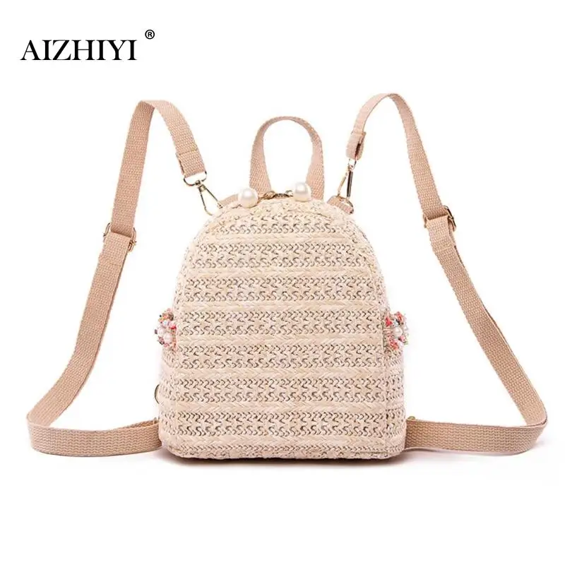 

Ladies Fashion Straw Pearl Backpack Women Girls Zipper Travel Casual Summer Multifunction Shoulder Schoolbags mochila feminina