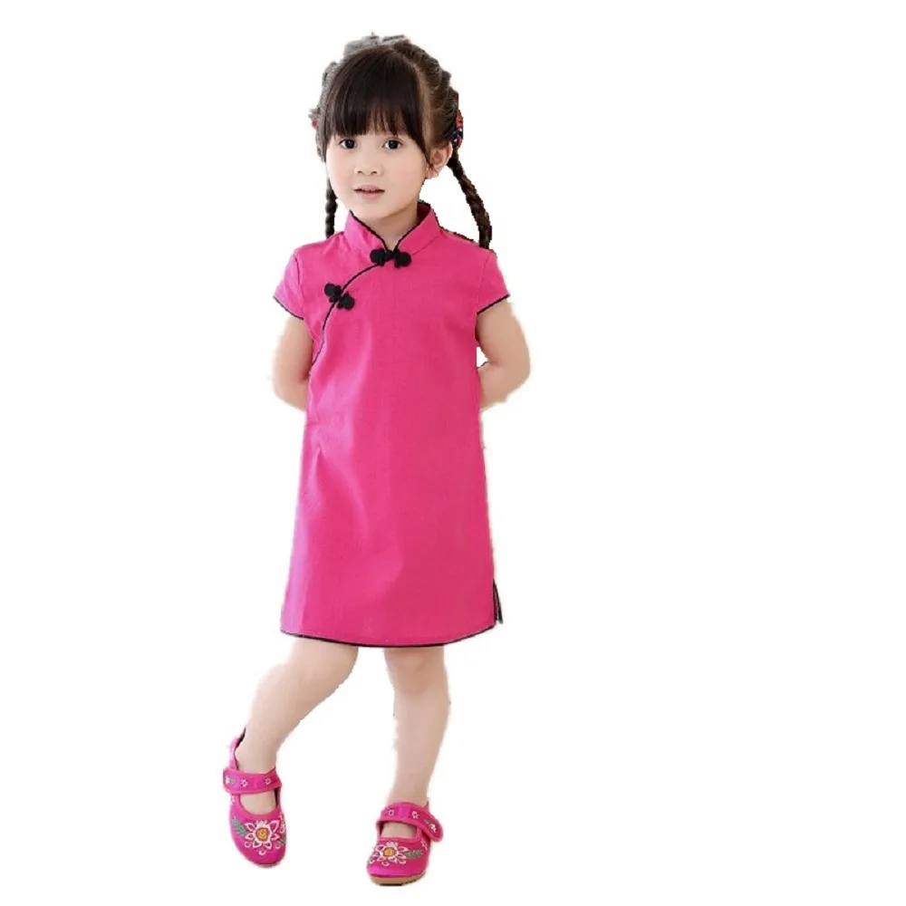 Chinese New Year Baby Girls Chi-Pao Dress Kids Traditional Qipao Candy Solid Children Cheongsam Linen Girl Clothes Jumper Blouse | Детская