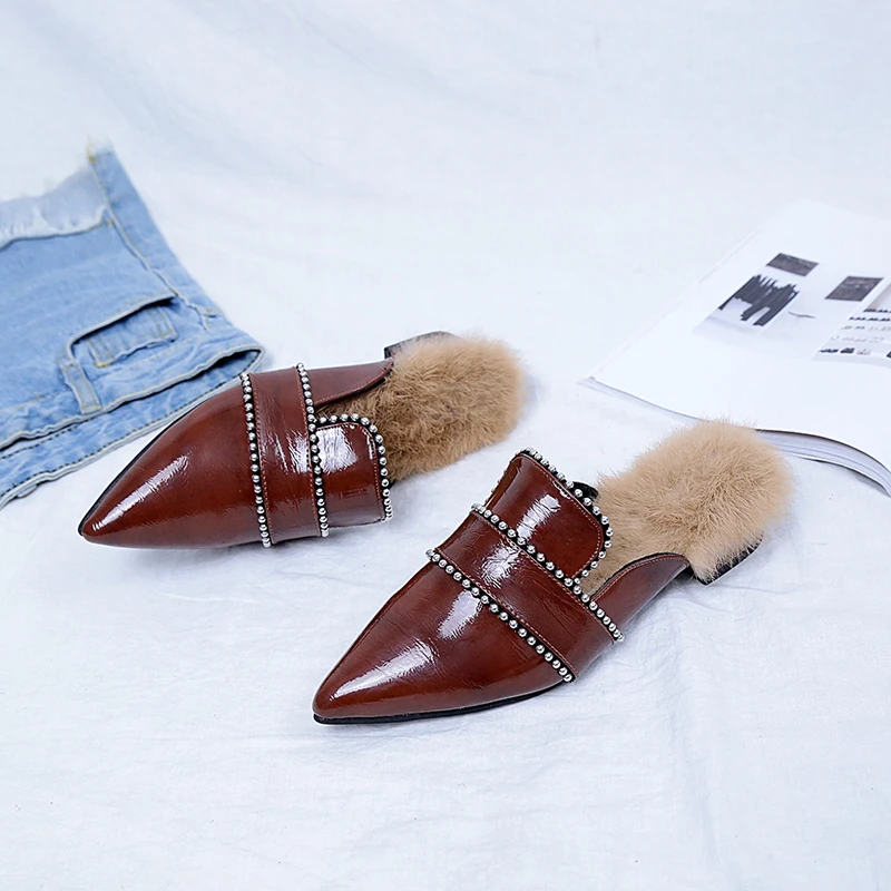 2020 Autumn New Sexy Women Slippers Outdoor Bead Low Heels Elegant Shoes Woman Comfortable Western Style Ladies Black | Обувь