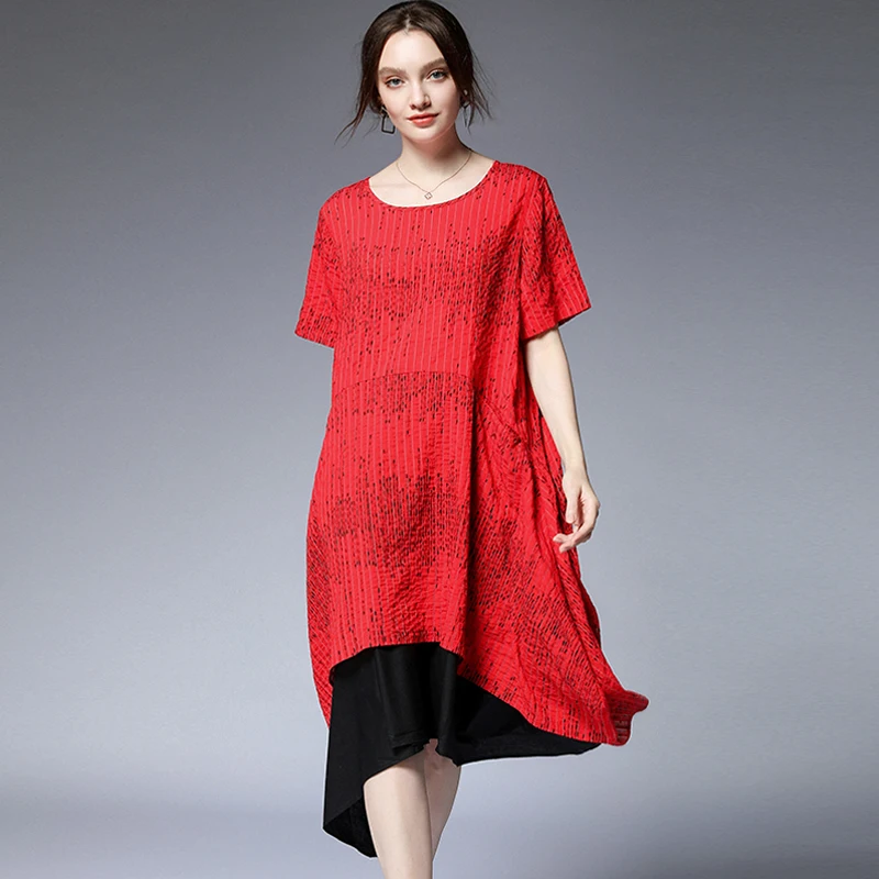 

Summer Dress Plus size Woman Irregular Short Sleeve Beach Party casual fashion black red patchwork boho cotton dresses female